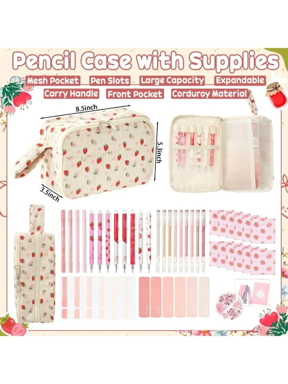 Cute Pink Strawberry Stationery Set with Pencil Case - Perfect School Supplies!